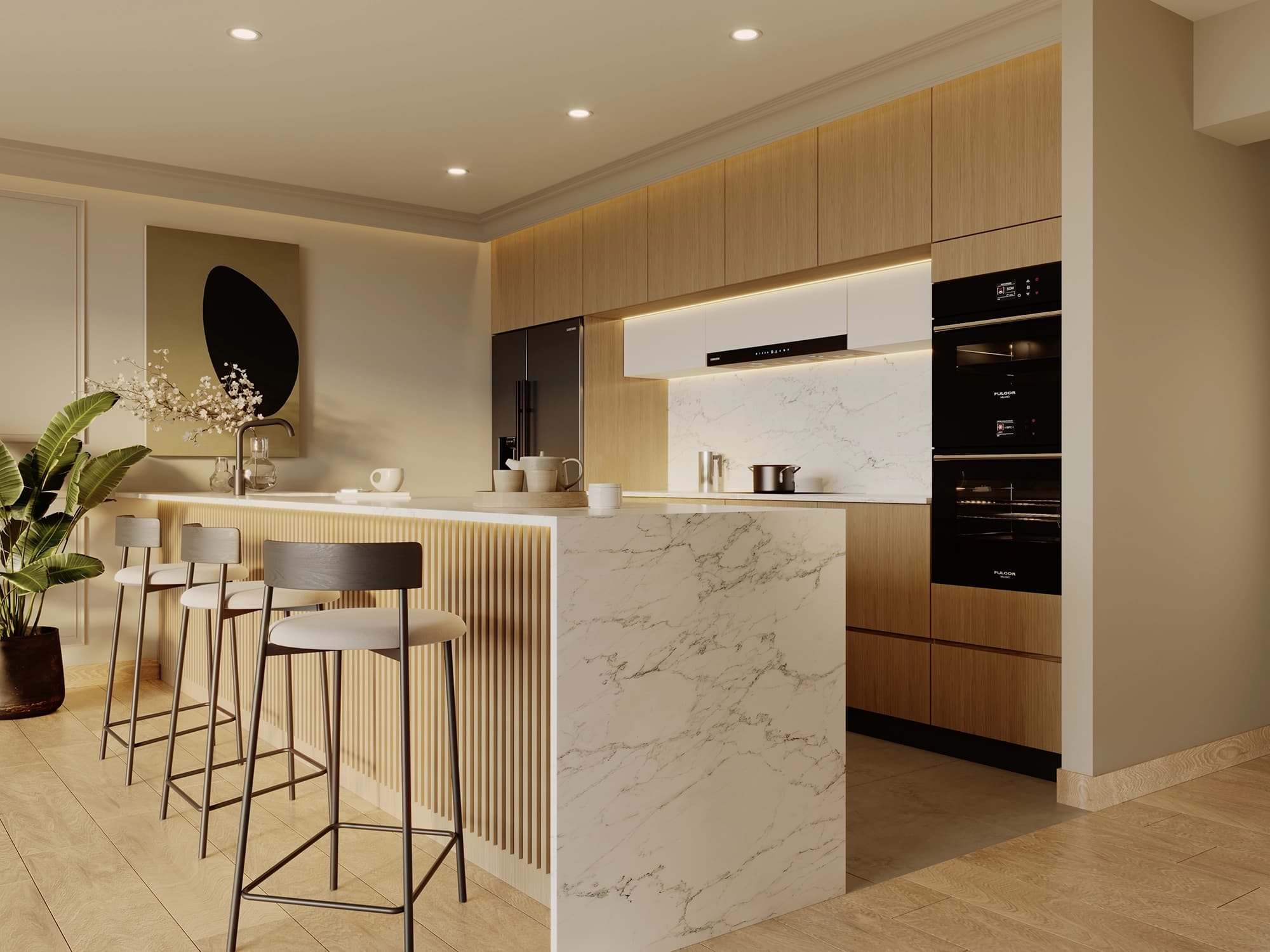 Cocina con barra de mármol y muebles de madera