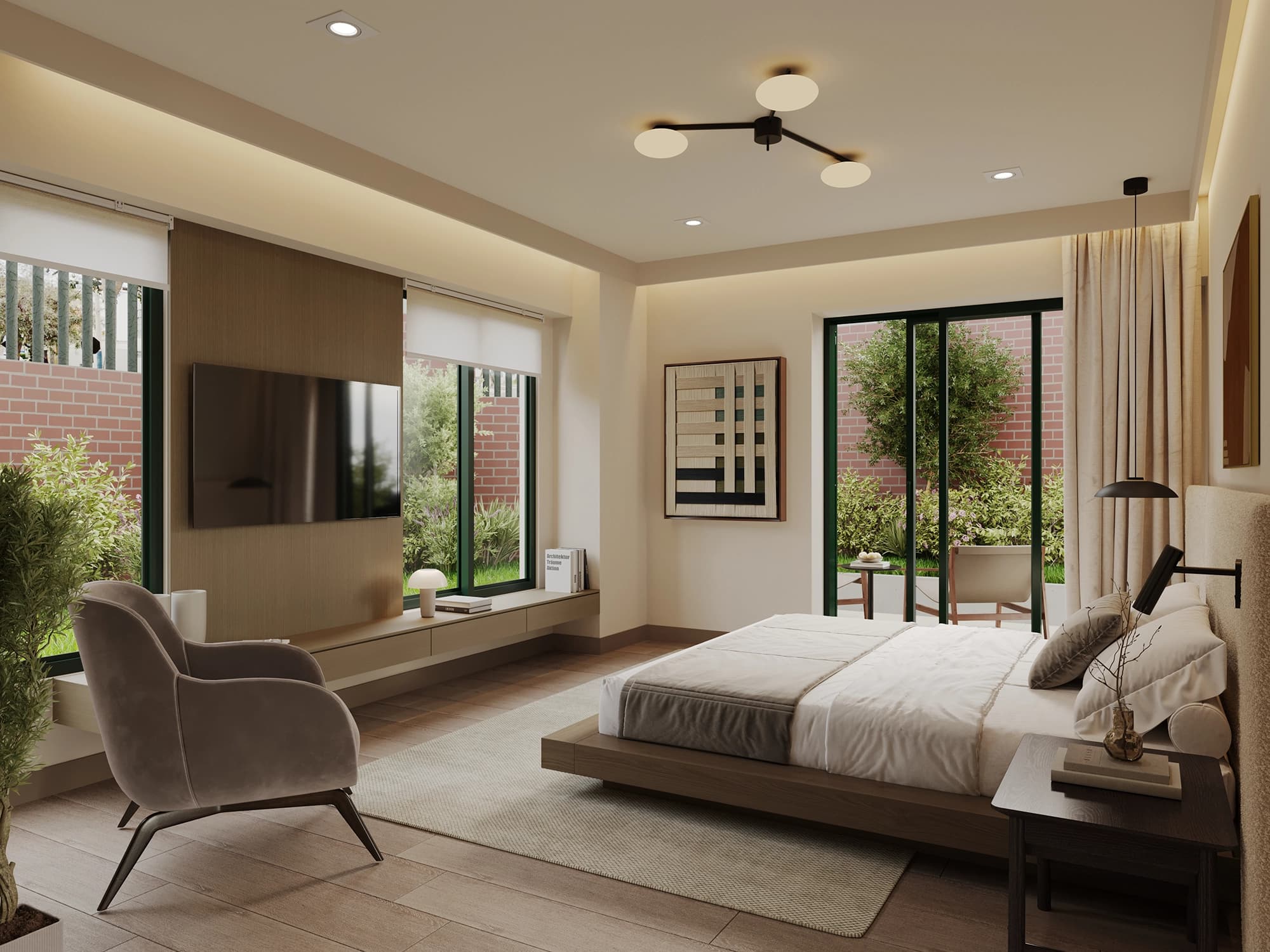 Dormitorio principal con ventanal al jardín