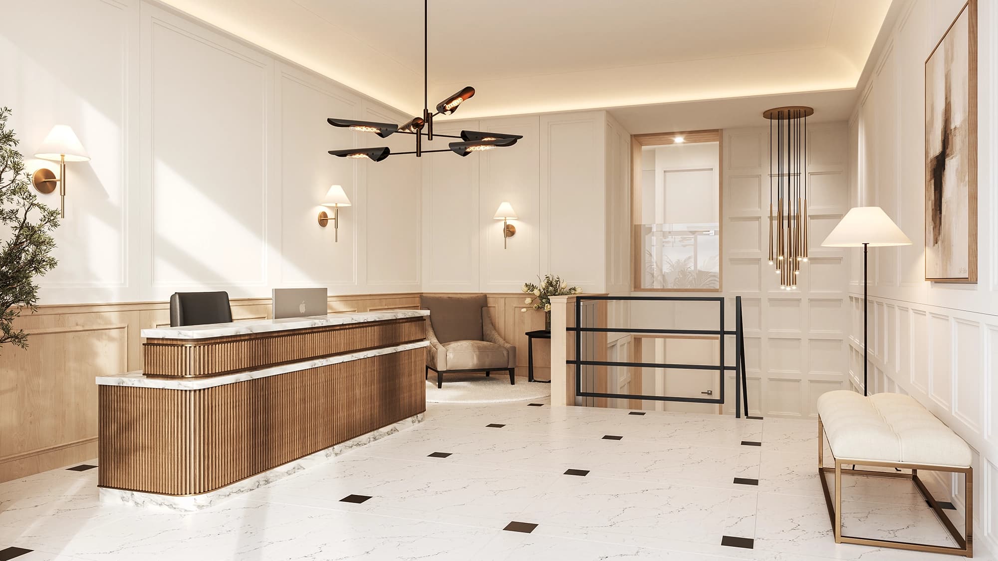 Lobby con recepción de madera y piso de mármol