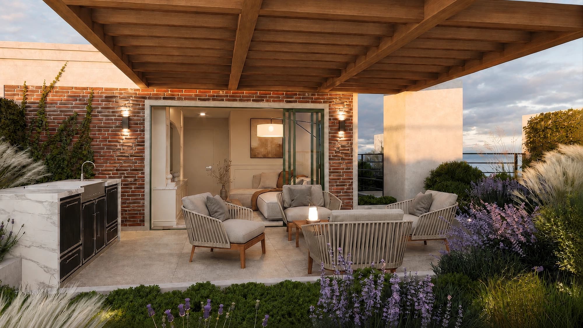 SUM en la azotea, con parrilla y terraza entre lavandas