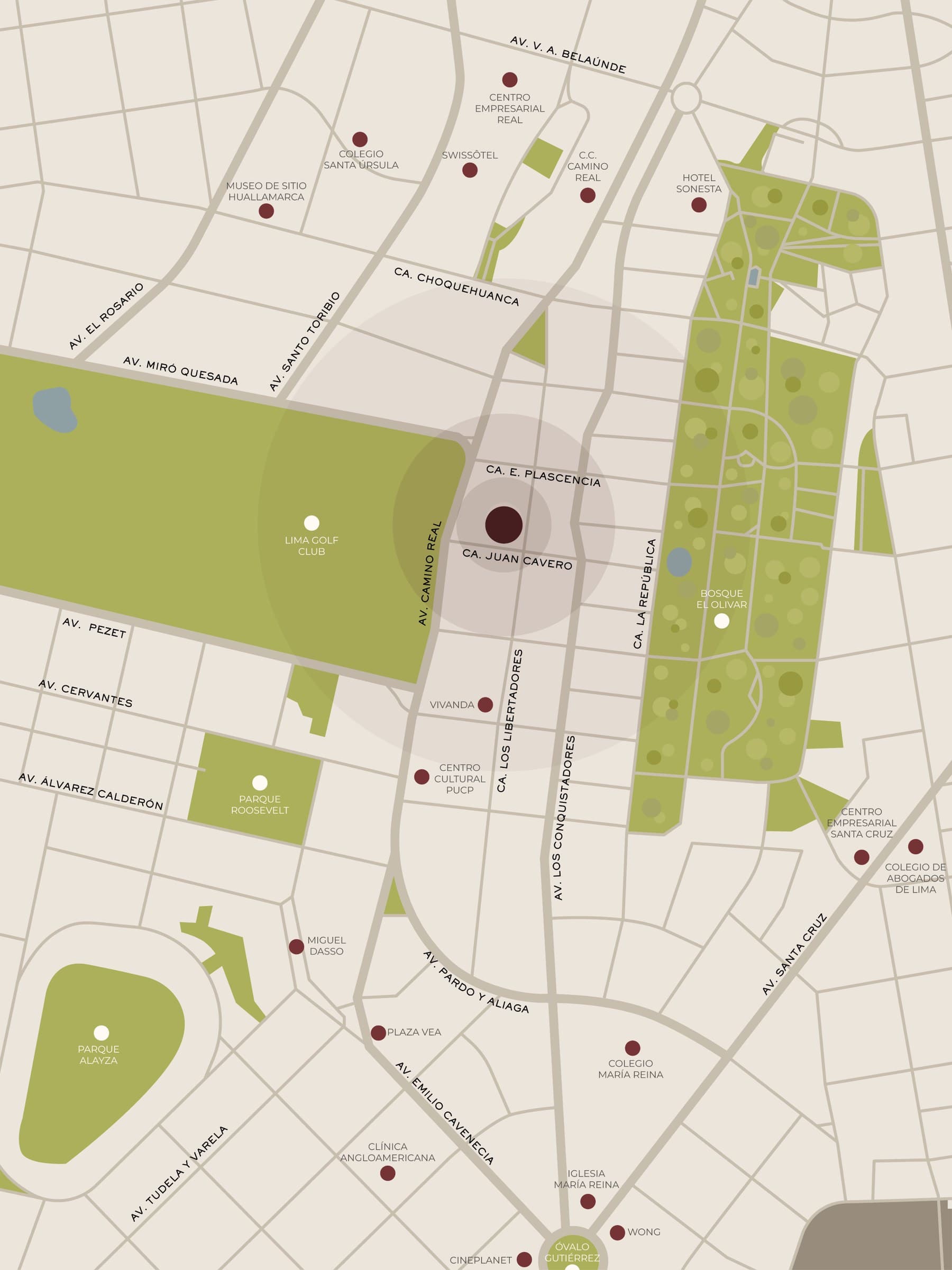 Mapa ilustrado del barrio con Los Libertadores 390 al centro, entre el Golf y El Olivar